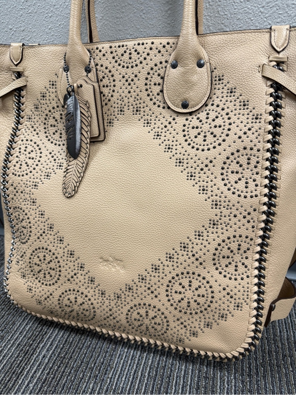 Coach Tatum Whiplash Neutral Beige Studded Leather tote - Picture 3 of 16